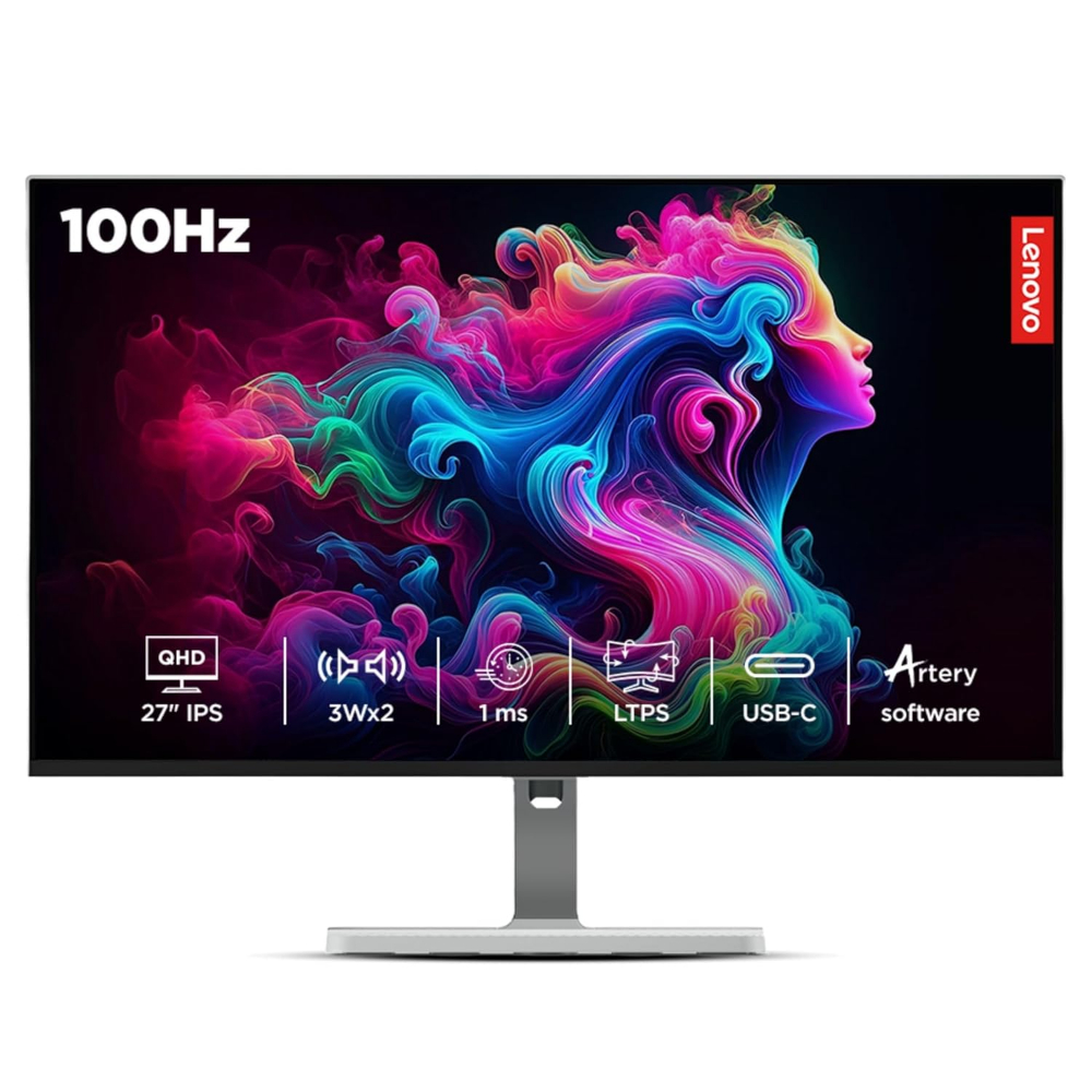 Lenovo L27h-4A 27" QHD Monitor, Integrated Speakers, Tilt/Swivel/Pivot/Height Adjustable Stand, Cloud Grey