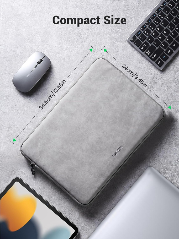 UGREEN 13.3 Inch Laptop Case PU Suede Leather Soft Padded Zipper Cover Sleeve Case Compatible with MacBook Air/ Pro  Water Resistant Bag Protective Briefcase, Gray