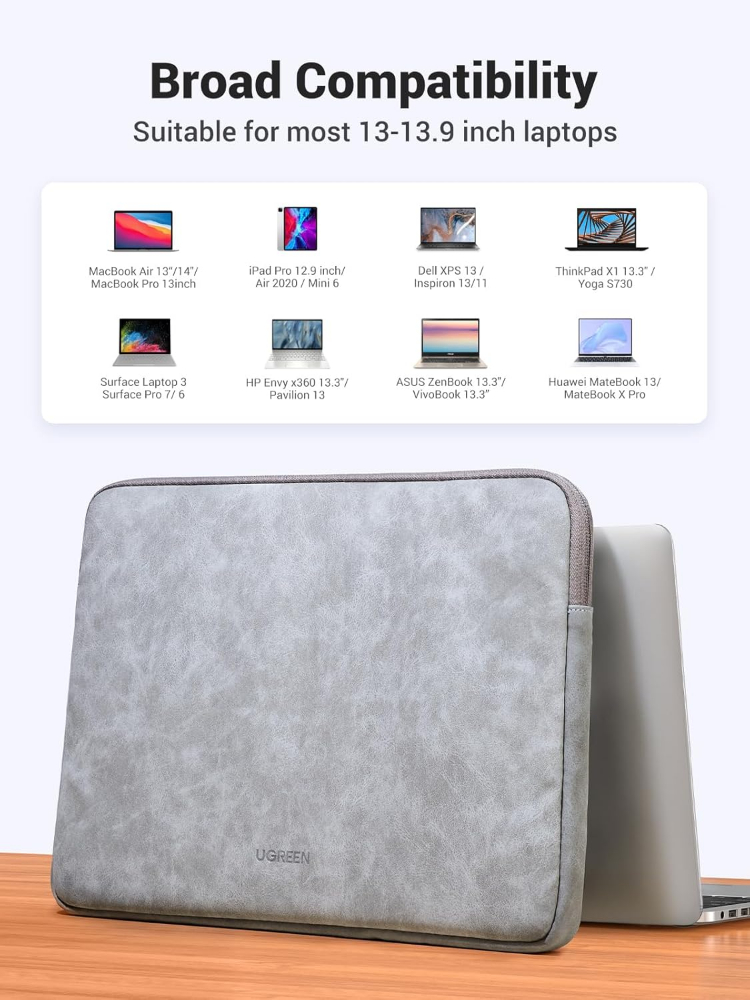 UGREEN 13.3 Inch Laptop Case PU Suede Leather Soft Padded Zipper Cover Sleeve Case Compatible with MacBook Air/ Pro  Water Resistant Bag Protective Briefcase, Gray