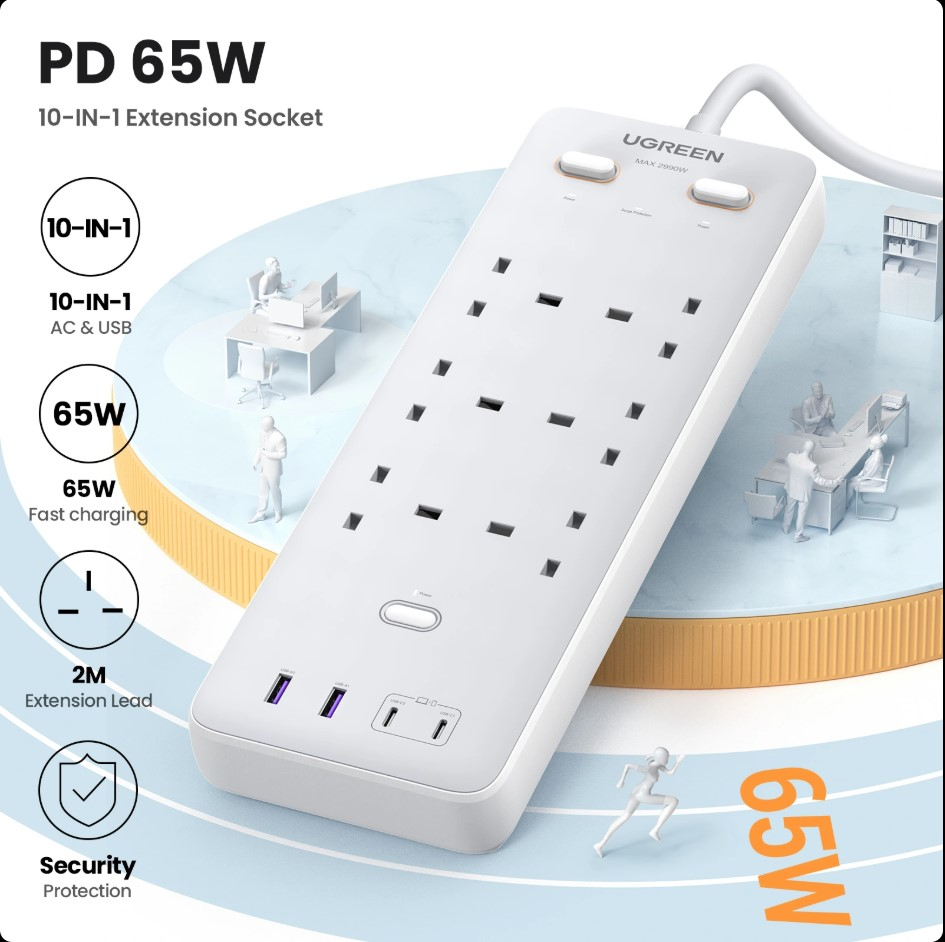 UGREEN 65W 10-in-1 Extension Cord with 4 USB Slots, Power Strip Surge Protector with 6-Way Multi-plug USB Charger Socket Smart Charging Station 2M Extension Cable