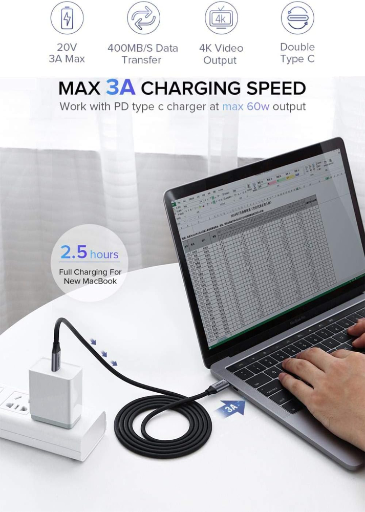 UGREEN USB 3.1 USB-C Male To Male Data Cable 60W Power Delivery PD Gen 1 for Monitor, Laptop, Smartphone (1.5M)
