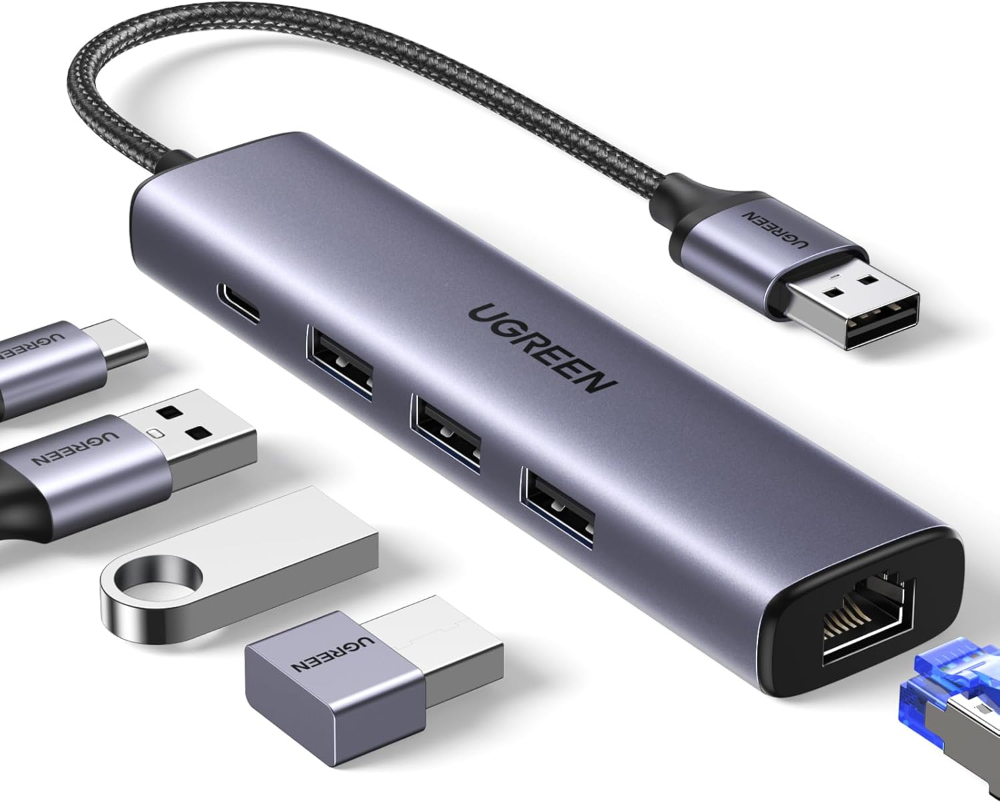 UGREEN USB to Ethernet Adapter, 5 in 1 USB Hub with Ethernet, Plug and Play, Multiport Network Adapter with 3 USB 3.0 Port, Gigabit RJ45, USB-C Power Port
