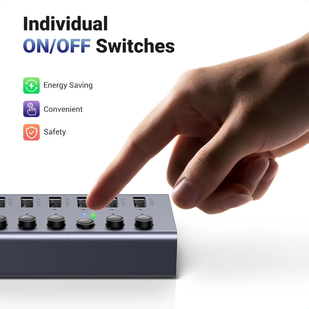 UGREEN Powered USB 3.0 Hub, 7-Port USB Adapter with 4 Smart Charging Ports, USB Splitter with Individual Led On/Off Switches and Power Adapter