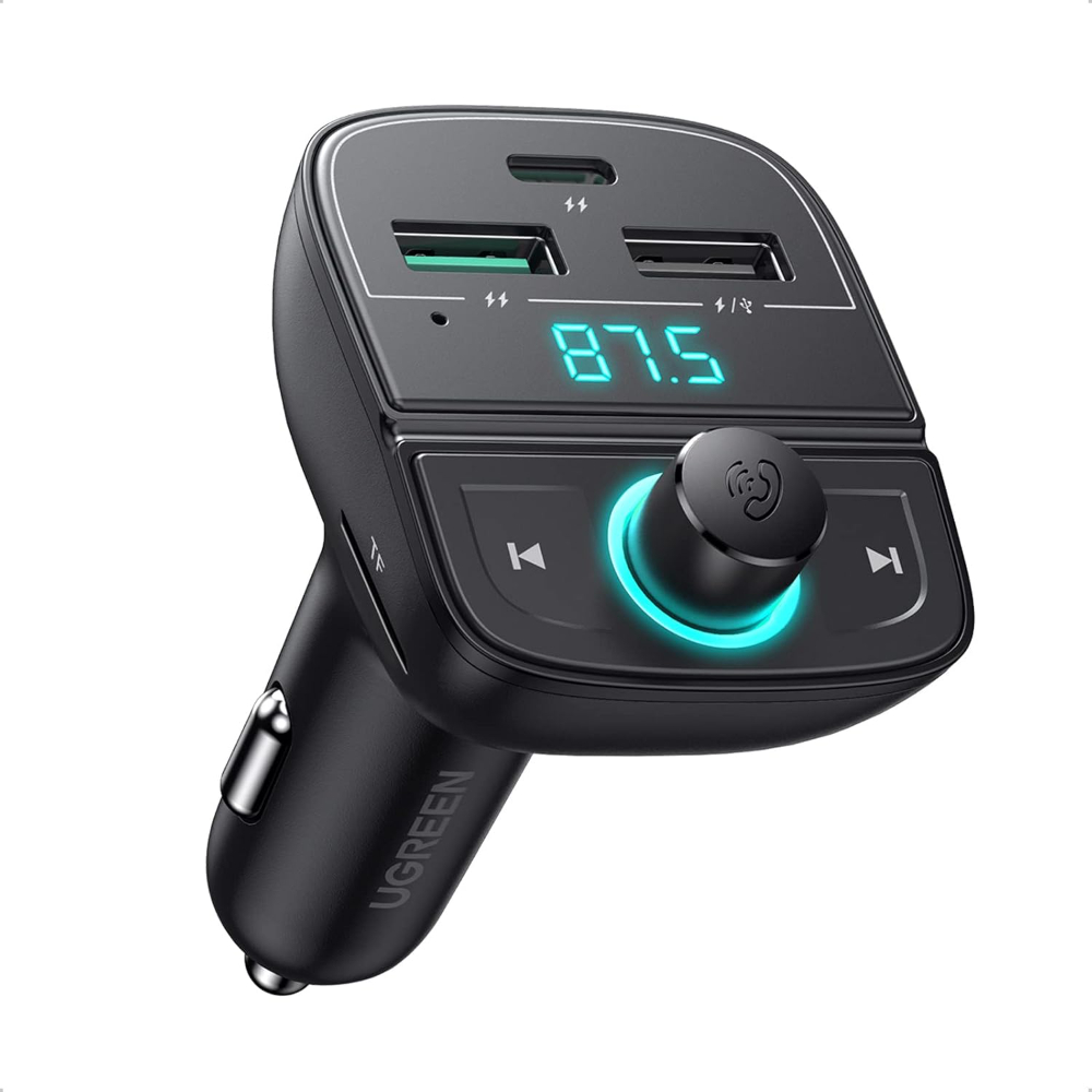 UGREEN Bluetooth FM Transmitter USB Car Charger Fast Charging 38W QC PD Quick Power Radio Adapter Multi-functional Ports Car Kit Built-in Mic Support Hands-Free Calls, LED Backlit