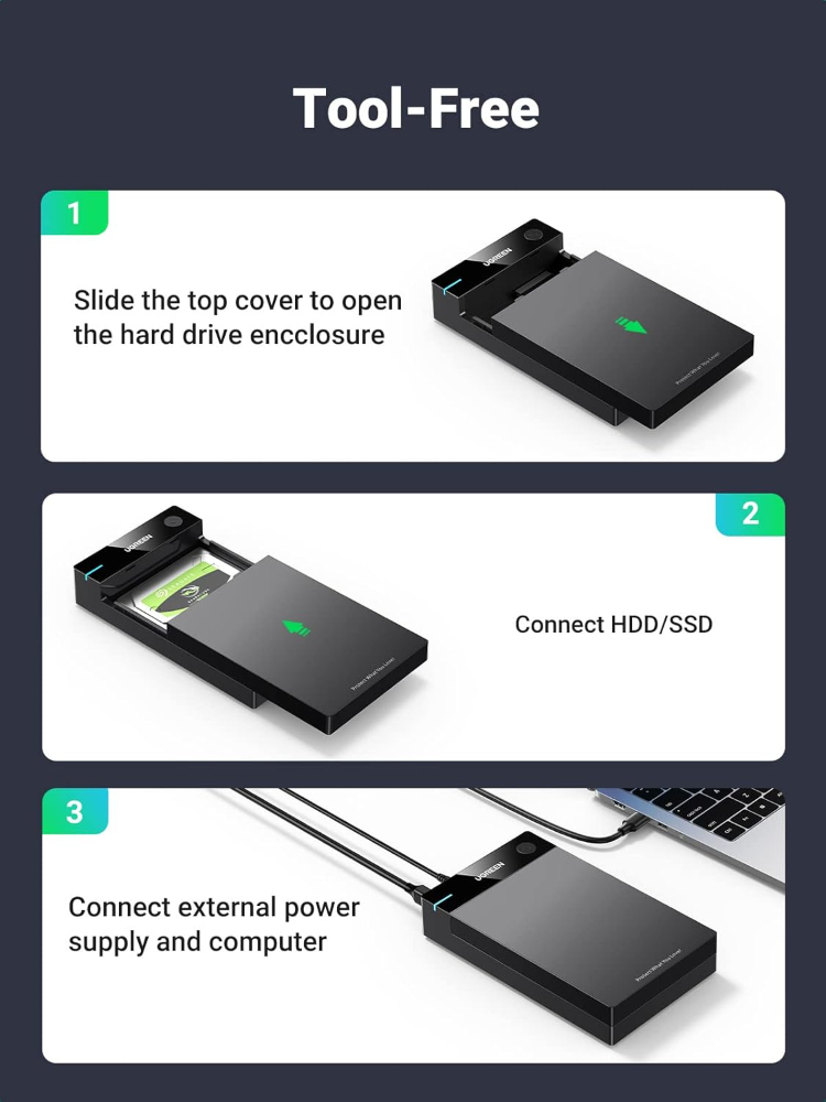 UGREEN External Hard Drive Enclosure for 3.5 2.5 Inch SATA SSD HDD USB 3.0 to SATA III Hard Drive Case with UASP 12V Power Adapter Compatible