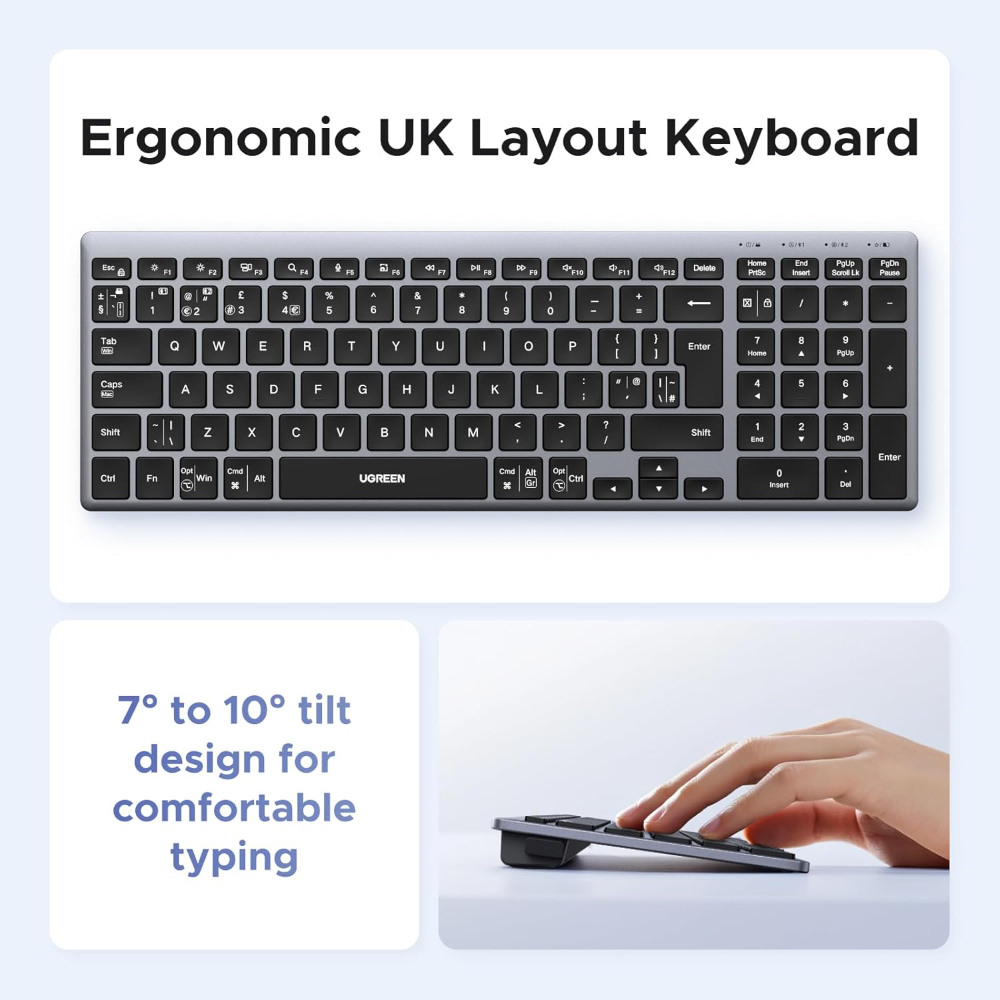 UGREEN Wireless Keyboard, Bluetooth Keyboard with UK Layout, Mini and Rechargeable Ergonomic Keyboard, BT5.4 &2.4GHz