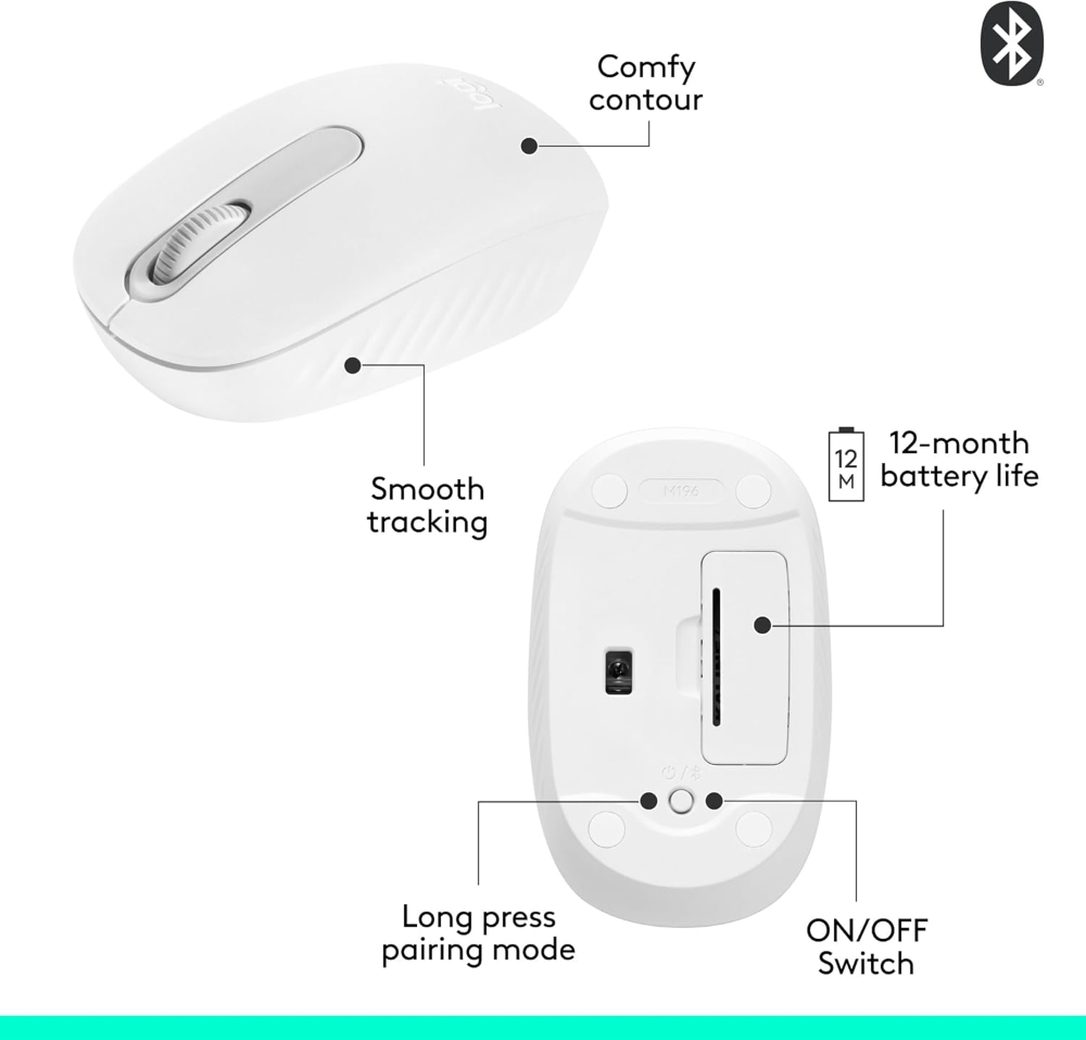 Logitech M196 Bluetooth Wireless Mouse, Compact and Portable Mouse for Laptops, Tablets and More, 12-Month Battery, Smooth Tracking, Compatible with PC and Mac, Windows and macOS - Off White