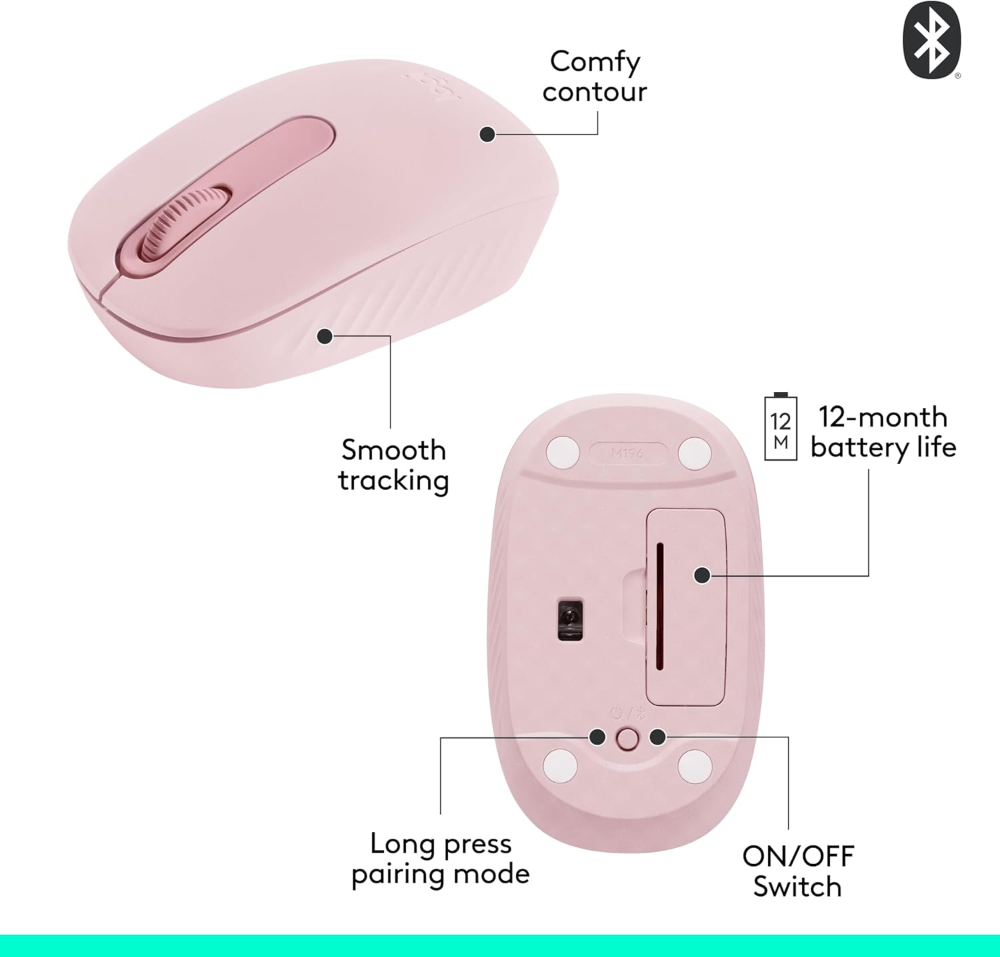 Logitech M196 Bluetooth Wireless Mouse, Compact and Portable Mouse for Laptops, Tablets and More, 12-Month Battery, Smooth Tracking, Compatible with PC and Mac, Windows and macOS, Rose