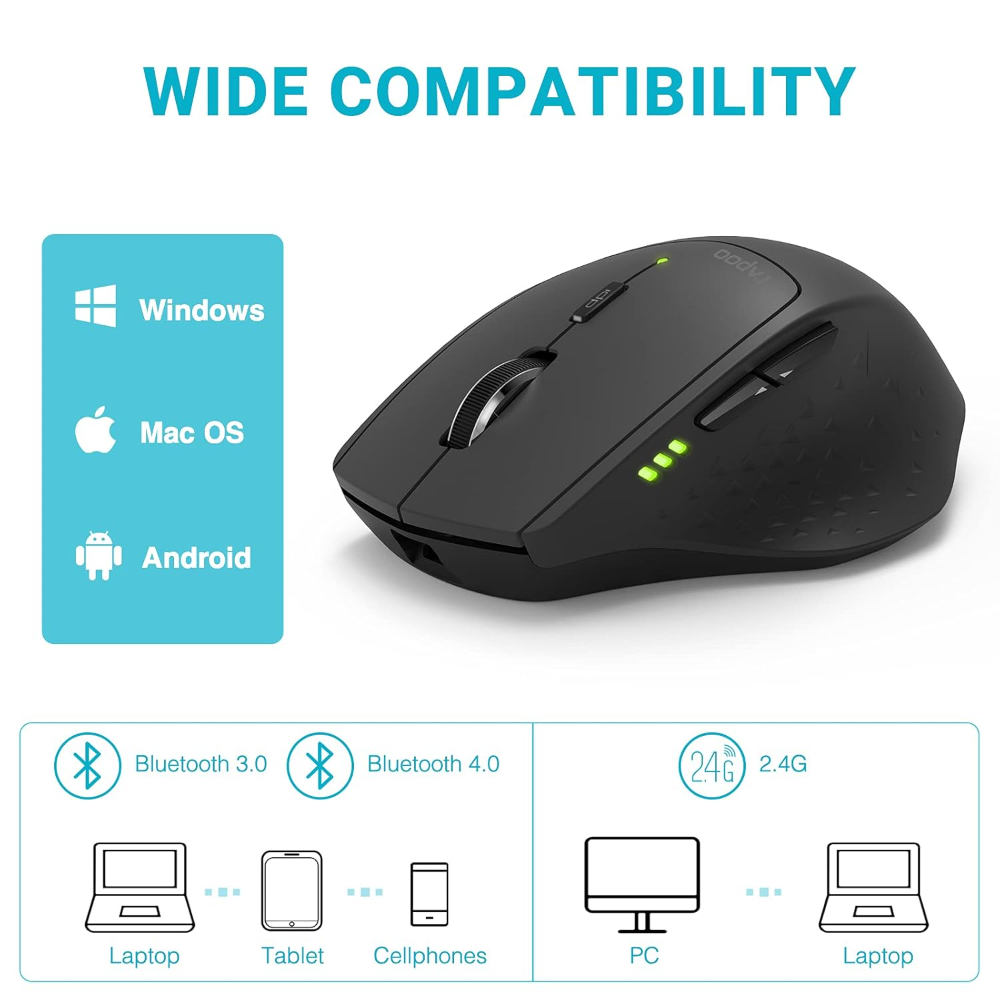 Rapoo MT550 Multi-Device Bluetooth Mouse, Connect to 4 Different Devices, 4 Adjustable DPI, Ergonomic Comfortable Use, 12 Month Long Battery Life, for Computer Laptop Tablets Phones, Black
