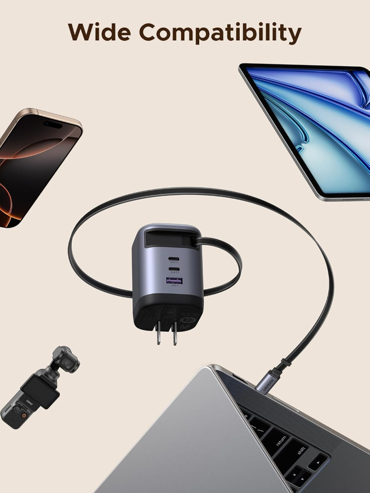 UGREEN Nexode 100W GaN USB C Retractable Charger with Built-in Cable, 3-Port Fast Charging Wall Adapter for Laptop, MacBook Pro/Air/Neo, iPhone 17/16, Galaxy S26, Pixel, iPad,